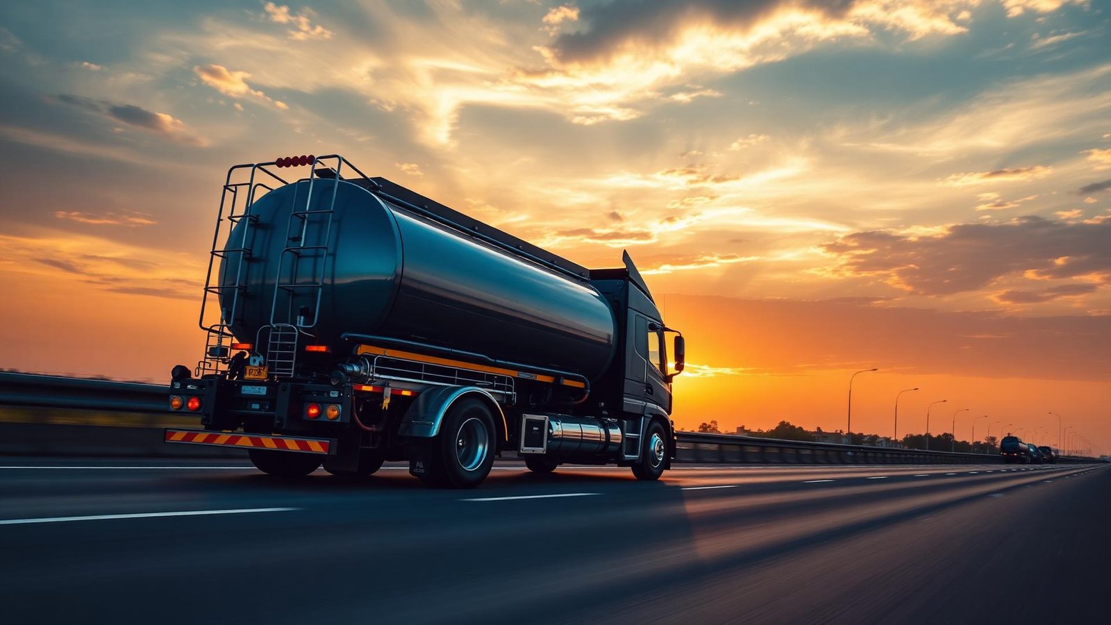 Chemical tanker on highway at sunrise
